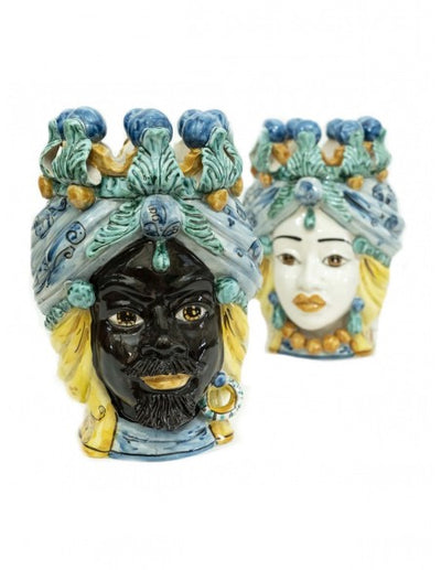 Testa di moro maschile nera, oro e azzurra in autentica ceramica siciliana di Caltagirone