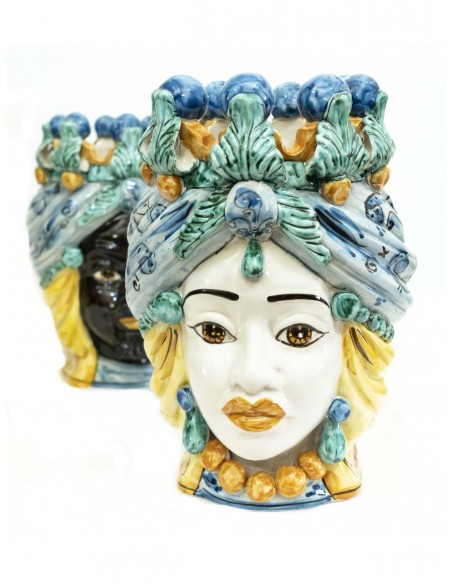 Testa di moro regina bianca con decori oro e azzurri in vera ceramica siciliana di Caltagirone
