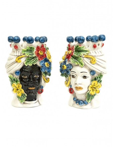 Coppia di teste di moro re e regina in vera ceramica siciliana con fiori colorati