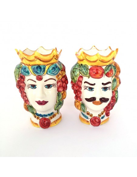 Coppia di teste di moro re e regina lavorata e dipinta a mano con colori della tradizione siciliana più autentica