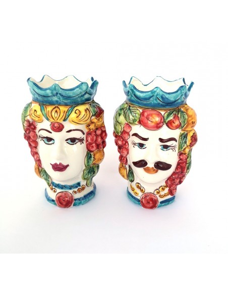 Regali originali per sposi: coppia di teste di moro in ceramica siciliana lavorata e dipinta a mano